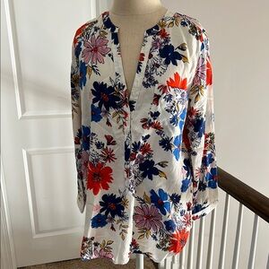 Old Navy Blue and Red Long Sleeve Blouse with Mandarin Collar